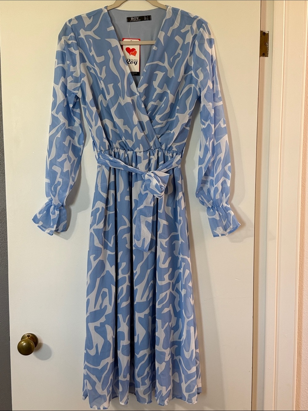 Light Blue & White Abstract Wrap Midi Dress